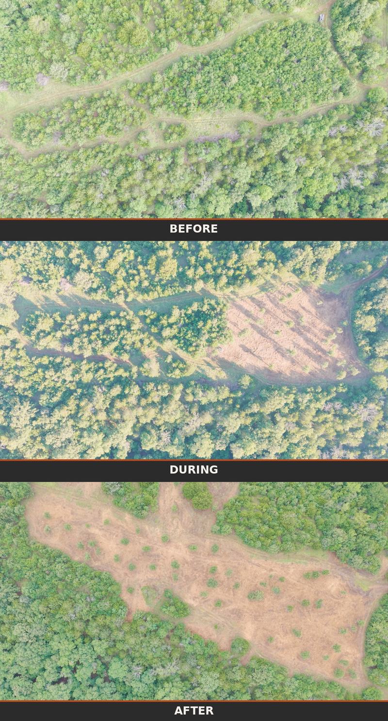 Aerial drone photos showing a Grit and Iron LLC land clearing project before, during, and after forestry mulching in Northeast Oklahoma